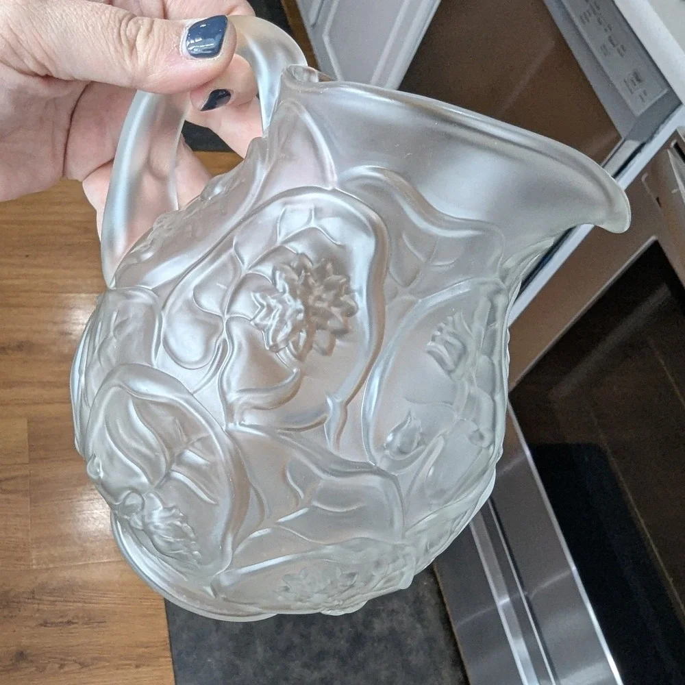 Vintage Frosted Glass Pitcher Floral Embossed Satin Glass Relief Design